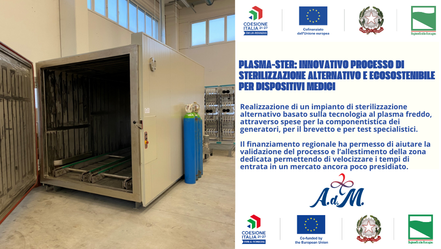Cartellone del progetto PLASMA-Ster, cofinanziato dall'Unione europea, Repubblica Italiana e Regione Emilia-Romagna (Coesione Italia 21-27), con foto dell'impianto di sterilizzazione al plasma freddo.